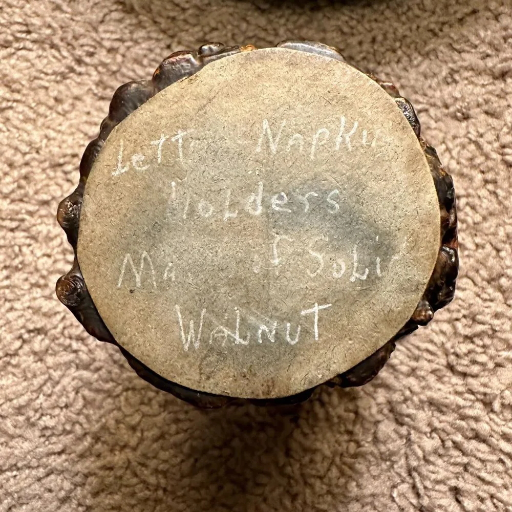 Handcrafted vintage solid walnut carved wood letter / napkin holder